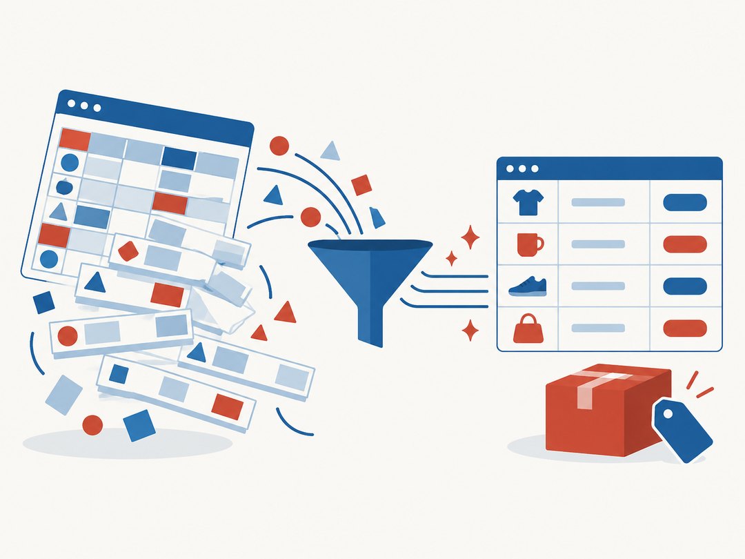 Illustration of a messy supplier spreadsheet being repaired into a clean, import-ready product data grid